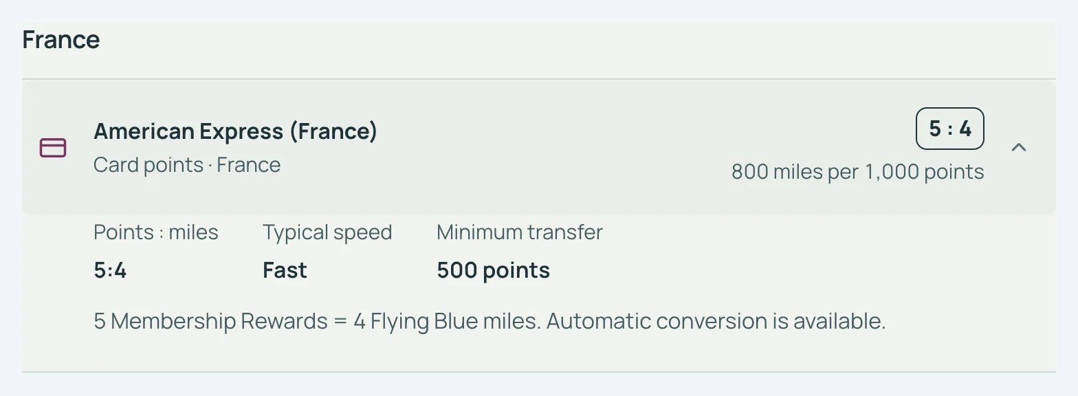 Transfer partners de SkyStatus, American Express (France) : 800 Miles pour 1 000 points, minimum 500 points, conversion automatique