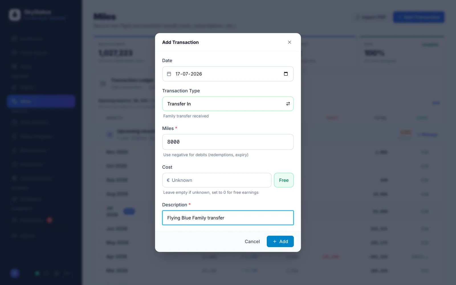 SkyStatus Transaktion-hinzufügen-Dialog mit Typ Transfer In (Hinweistext: Family transfer received), 8.000 Meilen, Kosten als Free markiert und Beschreibung Flying Blue Family transfer