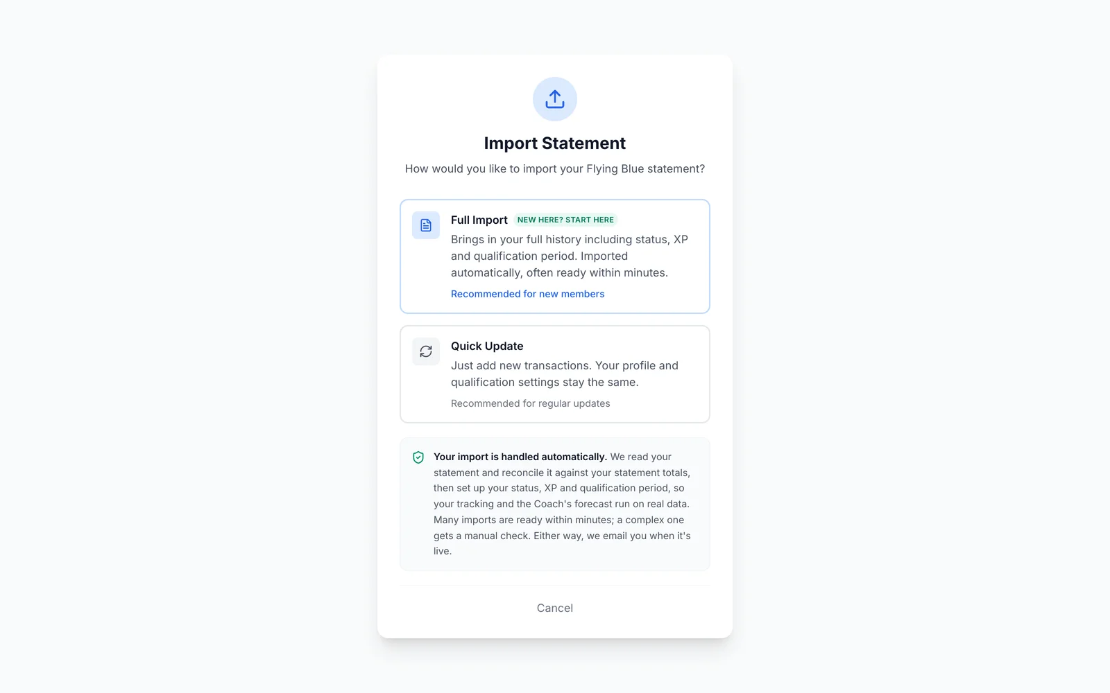 SkyStatus Import-Dialog mit zwei Optionen: Full Import für die komplette Flying Blue Historie inklusive Status und XP, und Quick Update für neue Transaktionen