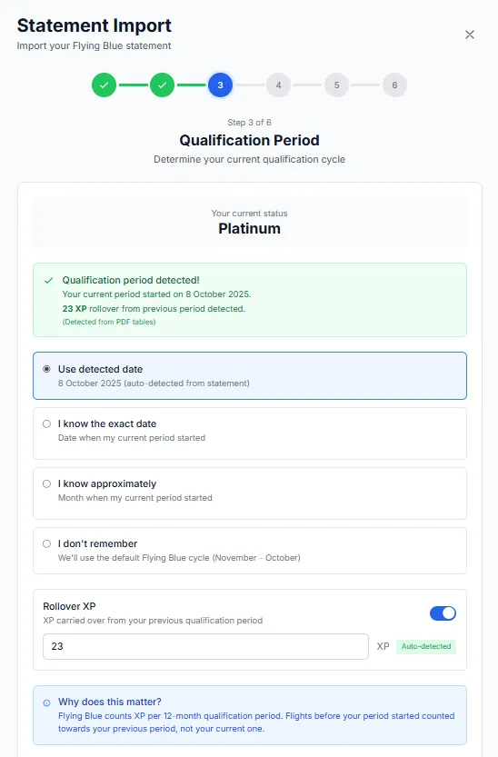 SkyStatus import wizard stap 3 Qualification Period met gedetecteerde cyclus-startdatum van 8 oktober 2025 en 23 XP rollover automatisch berekend uit de vorige cyclus