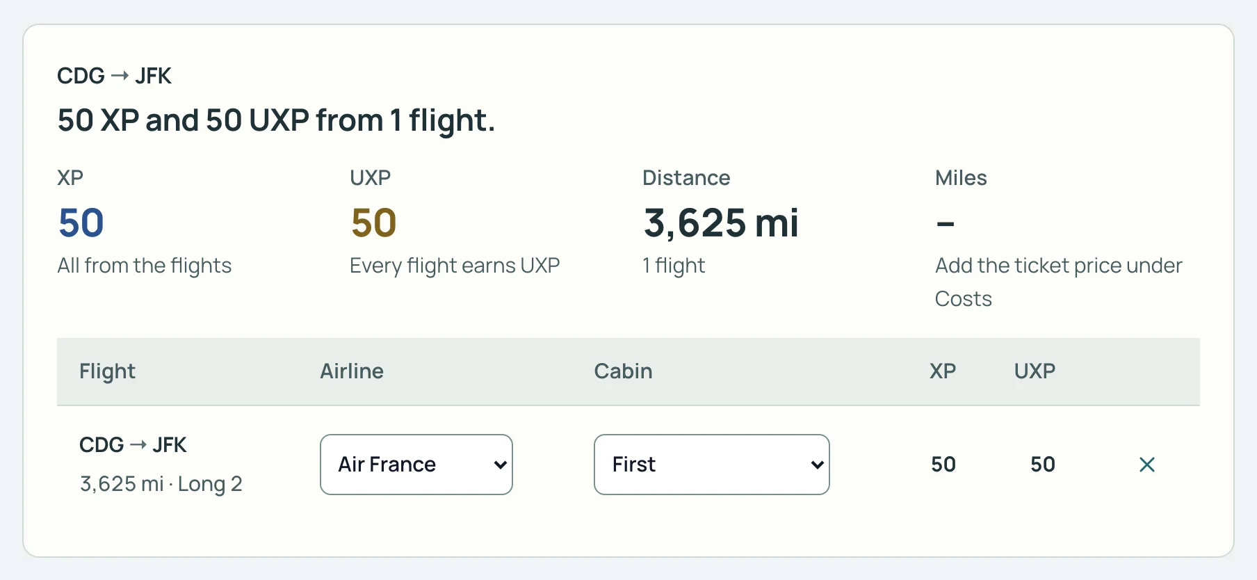 Plan a trip de SkyStatus, CDG vers JFK en First sur Air France&nbsp;: 50 XP et 50 UXP pour 3&nbsp;625 miles, tranche Long 2