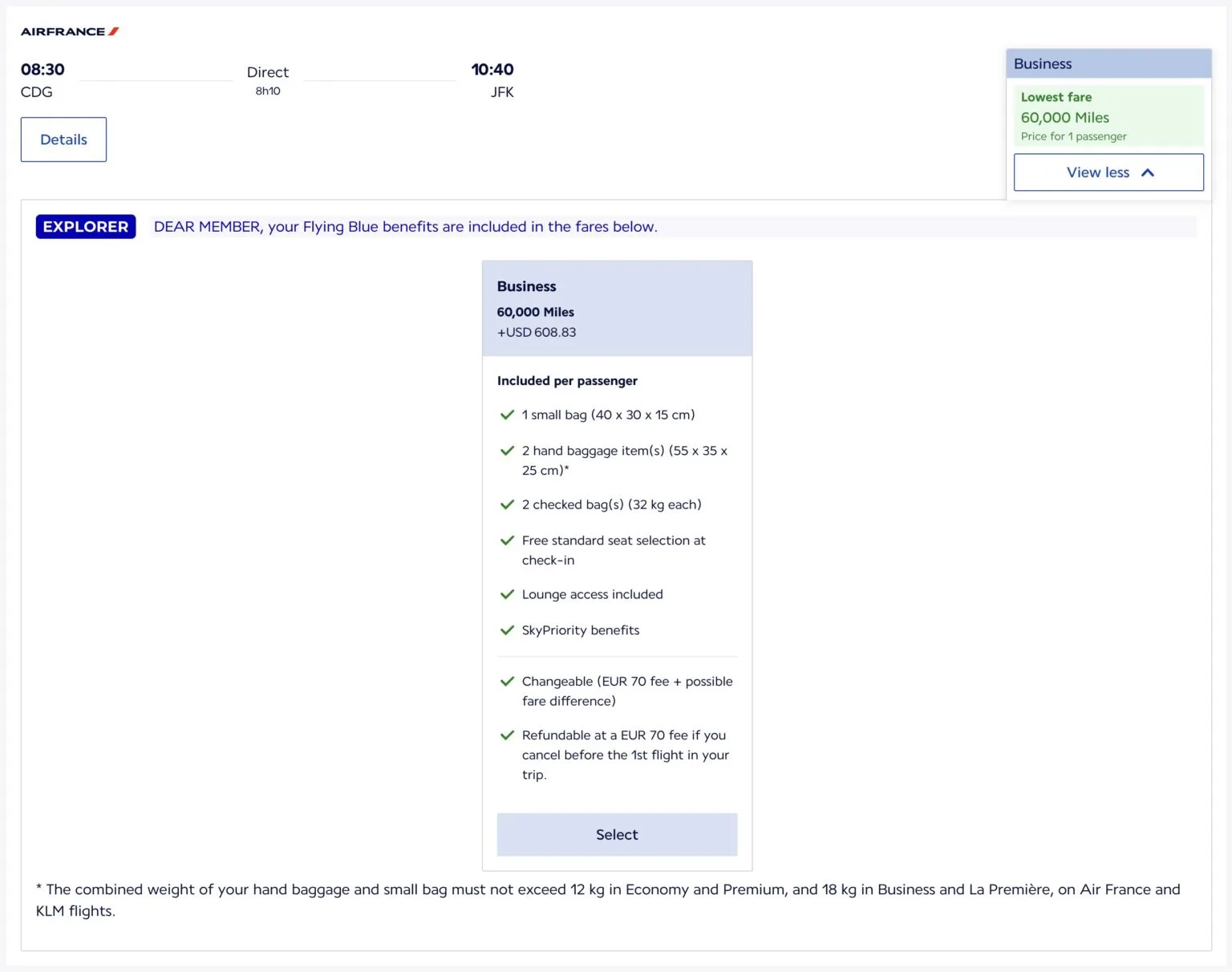 Current Flying Blue booking screen for an Explorer member with a single Business fare for Paris to New York at 60,000 Miles plus USD 608.83, including 2 checked bags, lounge access and changes at a EUR 70 fee