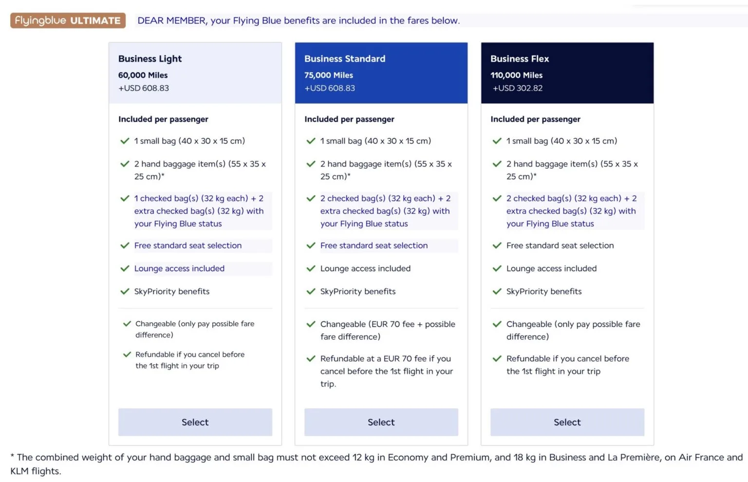 Flying Blue booking screen for an Ultimate member with three Business fare cards for Paris to New York: Business Light 60,000 Miles plus USD 608.83, Business Standard 75,000 Miles plus USD 608.83 and Business Flex 110,000 Miles plus USD 302.82, each listing baggage, seat selection, lounge access, change and refund conditions