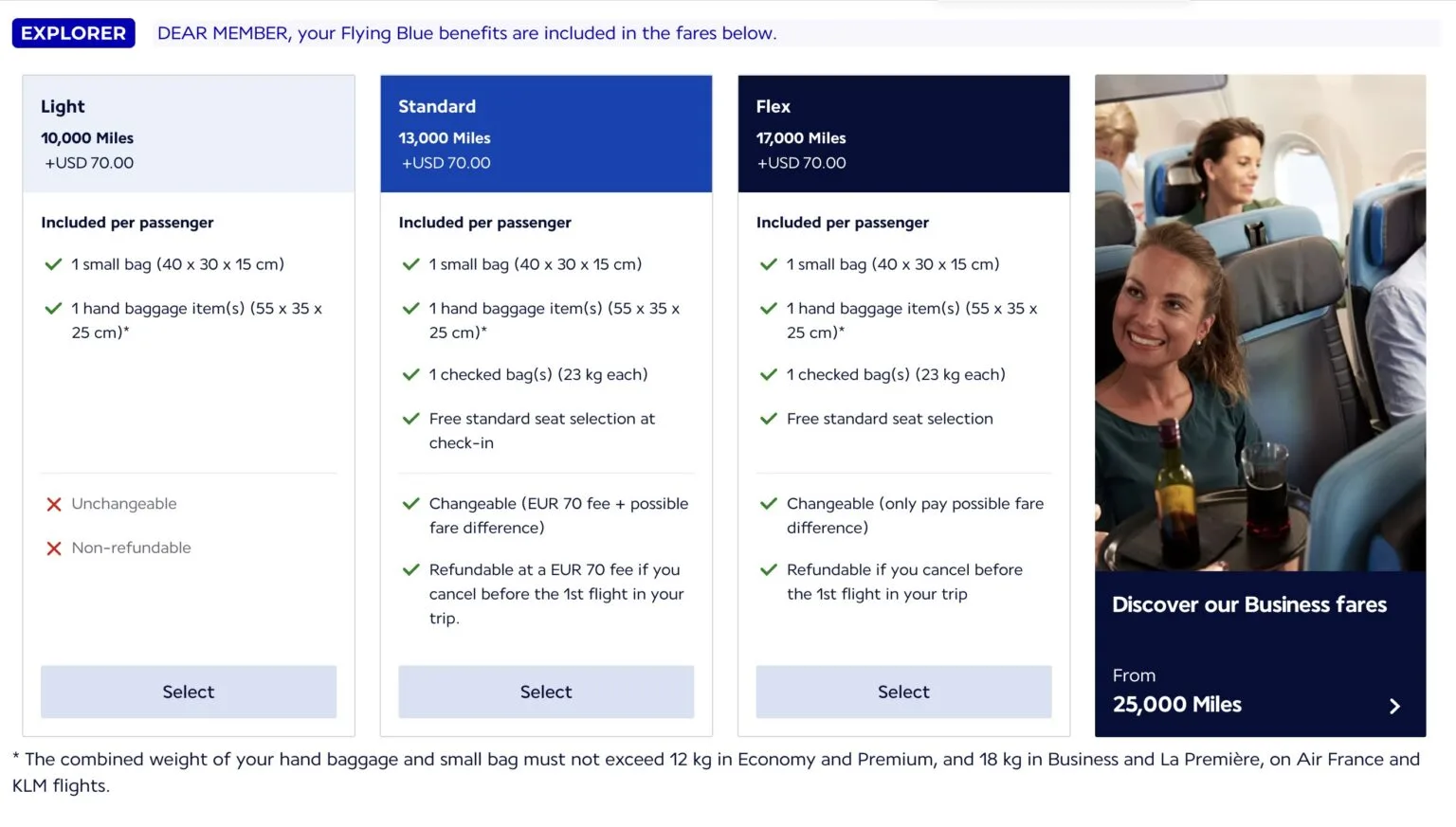 Flying Blue booking screen for an Explorer member with three Economy fare cards for Berlin to Barcelona: Light 10,000 Miles, Standard 13,000 Miles and Flex 17,000 Miles, each plus USD 70.00, with Light marked Unchangeable and Non-refundable and without a checked bag