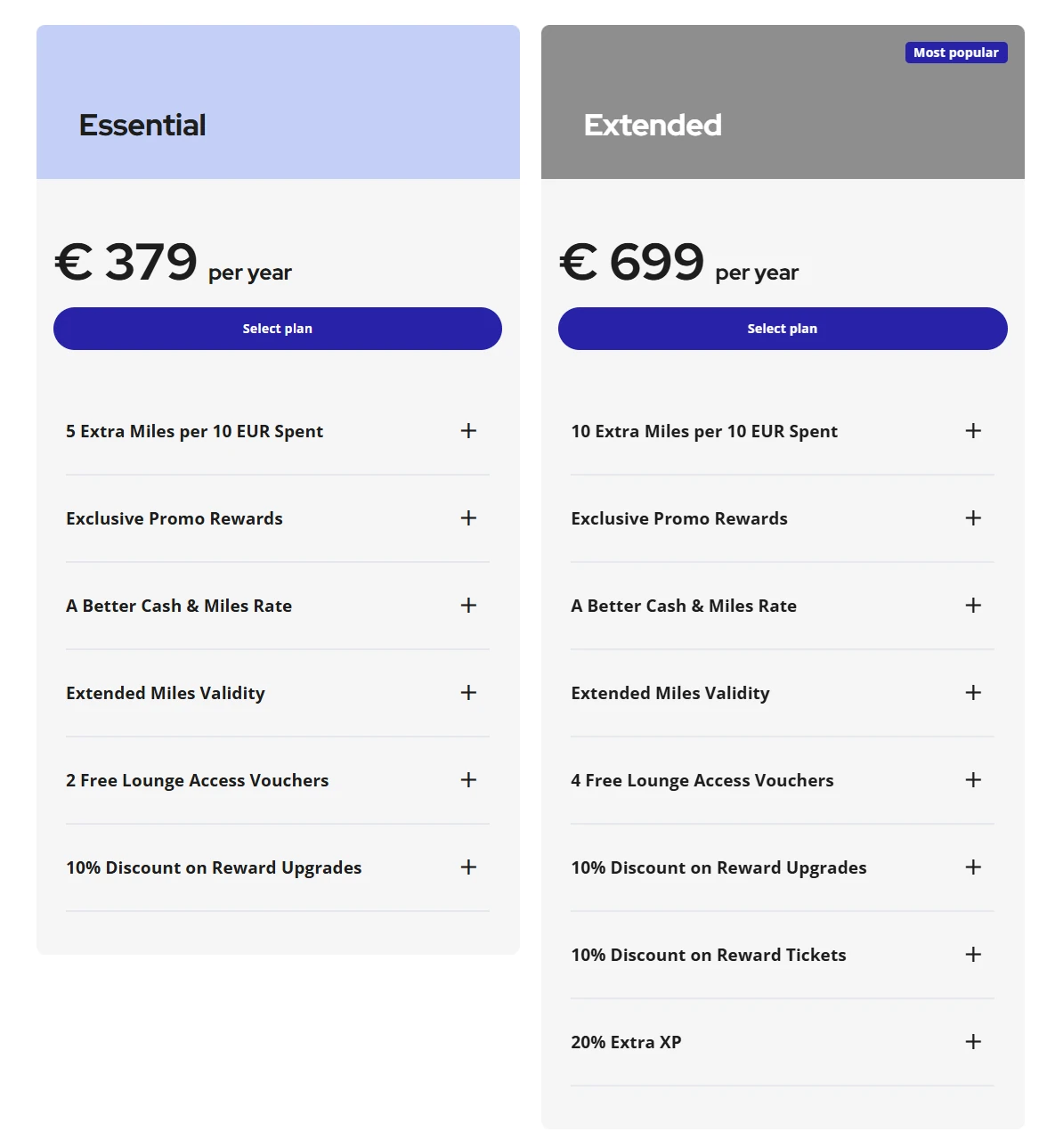 Flying Blue Extra officiele pagina: Essential EUR 379/jaar en Extended EUR 699/jaar met lounge vouchers, Exclusive Promo Rewards en extra miles