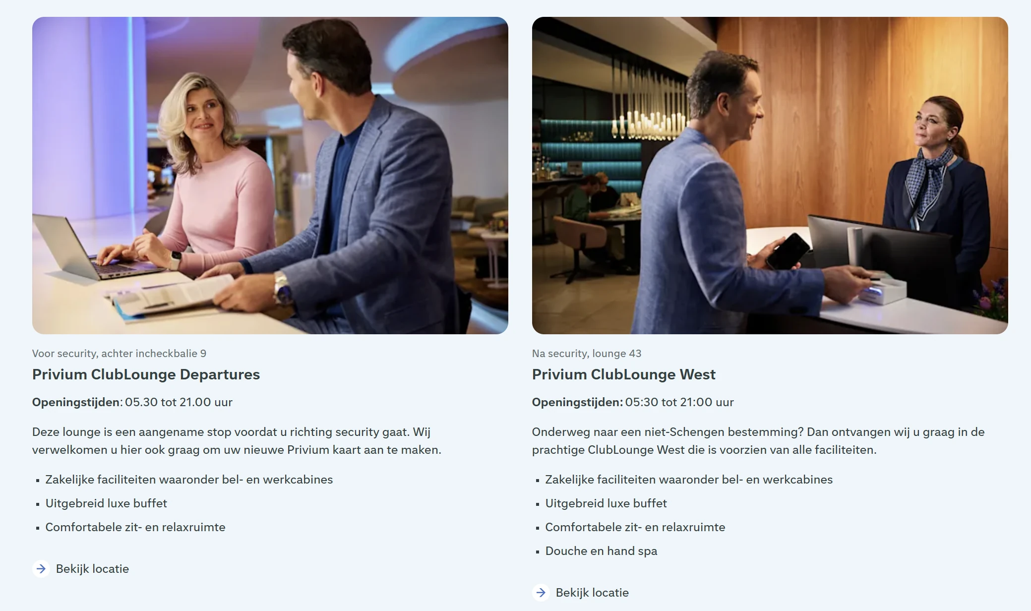 Privium ClubLounge Departures (voor security, balie 9) en Privium ClubLounge West (na security, lounge 43) op Schiphol met luxe buffet en werkcabines