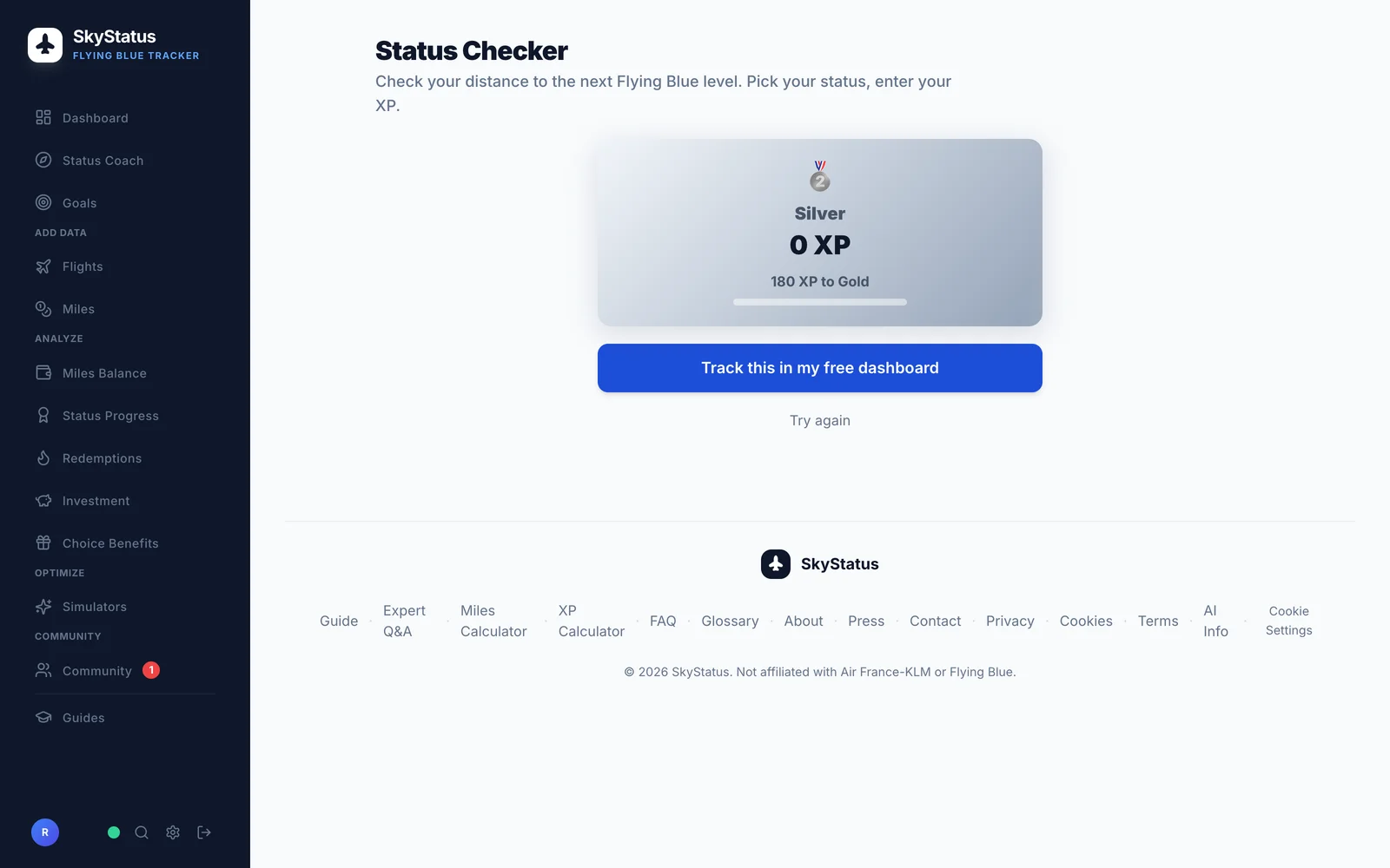 SkyStatus Status Checker mit Silver-Ergebniskarte: 0 XP aktuell, bei einem Gold-Ziel von 180 XP fehlen noch 180 XP, mit leerem Fortschrittsbalken und Dashboard-Button