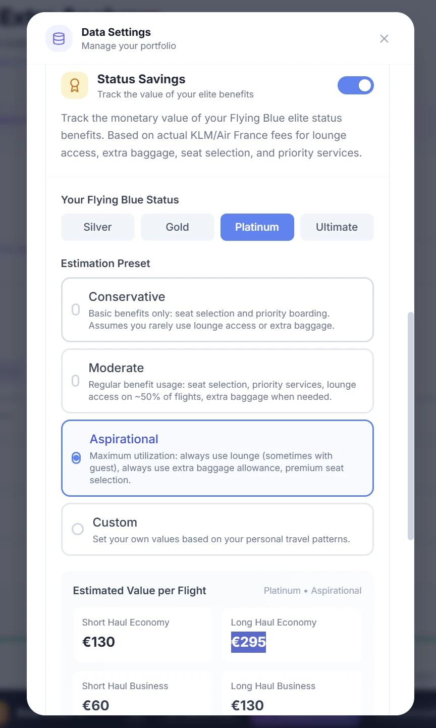 SkyStatus Status Savings calculator: Platinum Aspirational preset, Short Haul Economy EUR 130, Long Haul Economy EUR 295, Business Class EUR 60