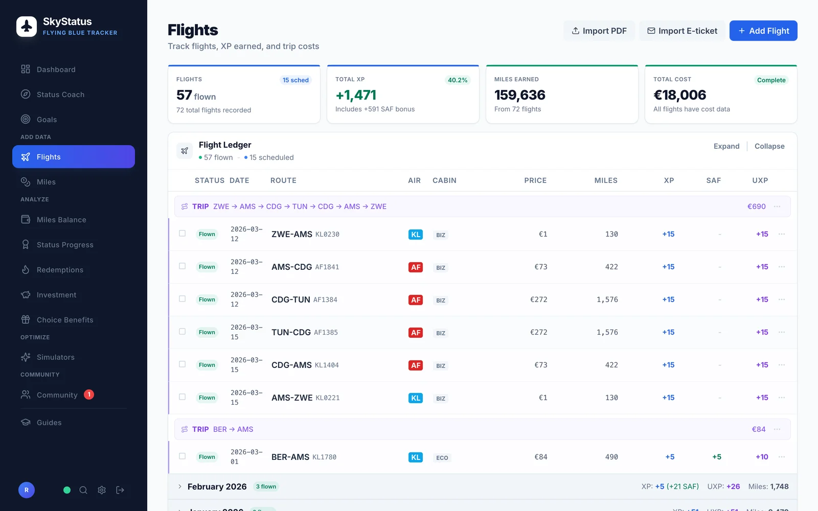 SkyStatus Flight Ledger mit einer komplett in Business geflogenen Reise ZWE-AMS-CDG-TUN und zurück im März 2026: sechs BIZ-Flüge auf KLM und Air France mit je +15 XP und +15 UXP, darunter ein Economy-Flug BER-AMS