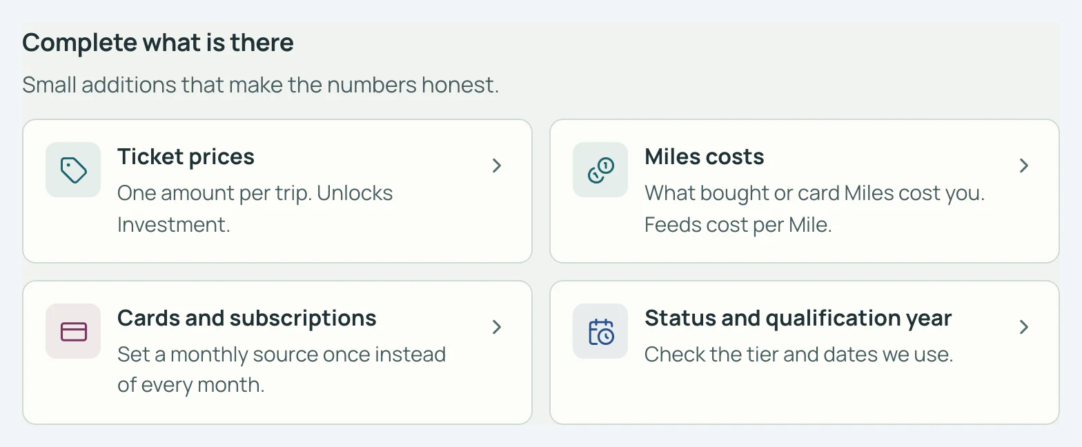 SkyStatus panel Complete what is there with four options: Ticket prices, Miles costs, Cards and subscriptions, Status and qualification year.