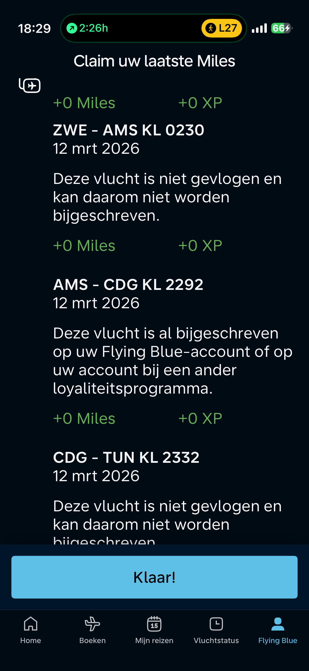 Flying Blue claim-skärm som visar not flown-varning för ZWE-AMS tågsegment, vilket är normalt och krediteras inom 36 timmar