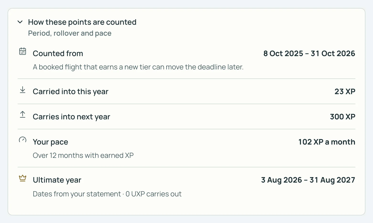 SkyStatus How these points are counted: from 8 October 2025 to 31 October 2026, 23 XP carried in, the maximum carrying into next year.