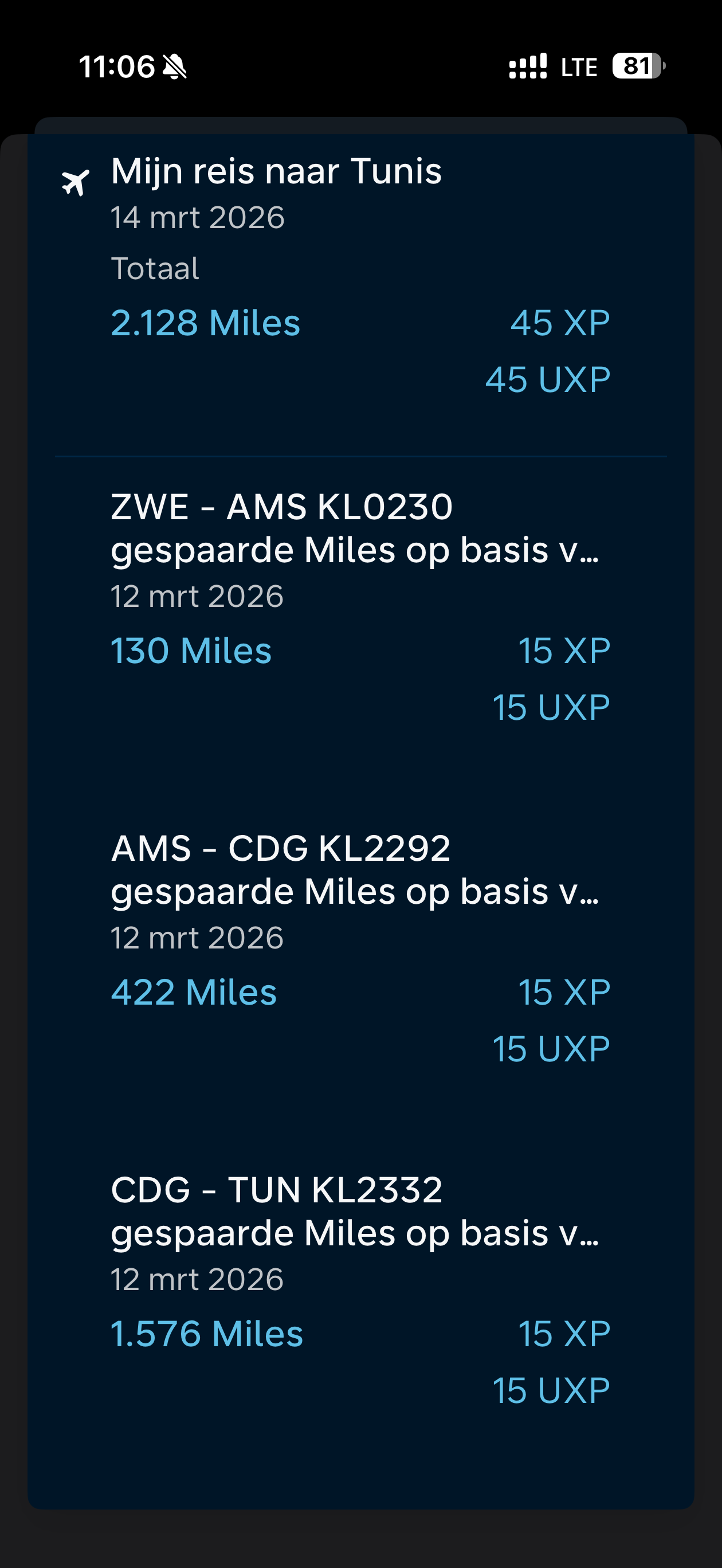 Flying Blue-appen som visar genomförd Antwerpen-hack mileage run till Tunis: ZWE-AMS 130 miles 15 XP, AMS-CDG 422 miles 15 XP, CDG-TUN 1 576 miles 15 XP, totalt 2 128 miles och 45 XP