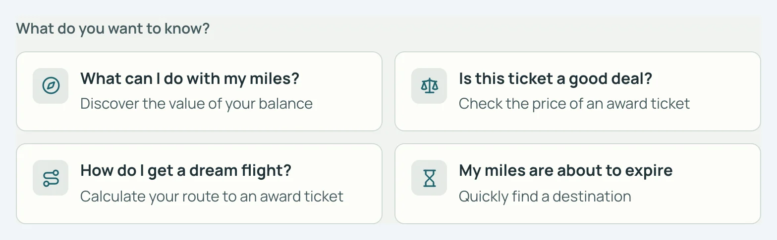 SkyStatus Miles Calculator met de vraag What do you want to know? en vier keuzes, zoals Is this ticket a good deal? en My miles are about to expire.