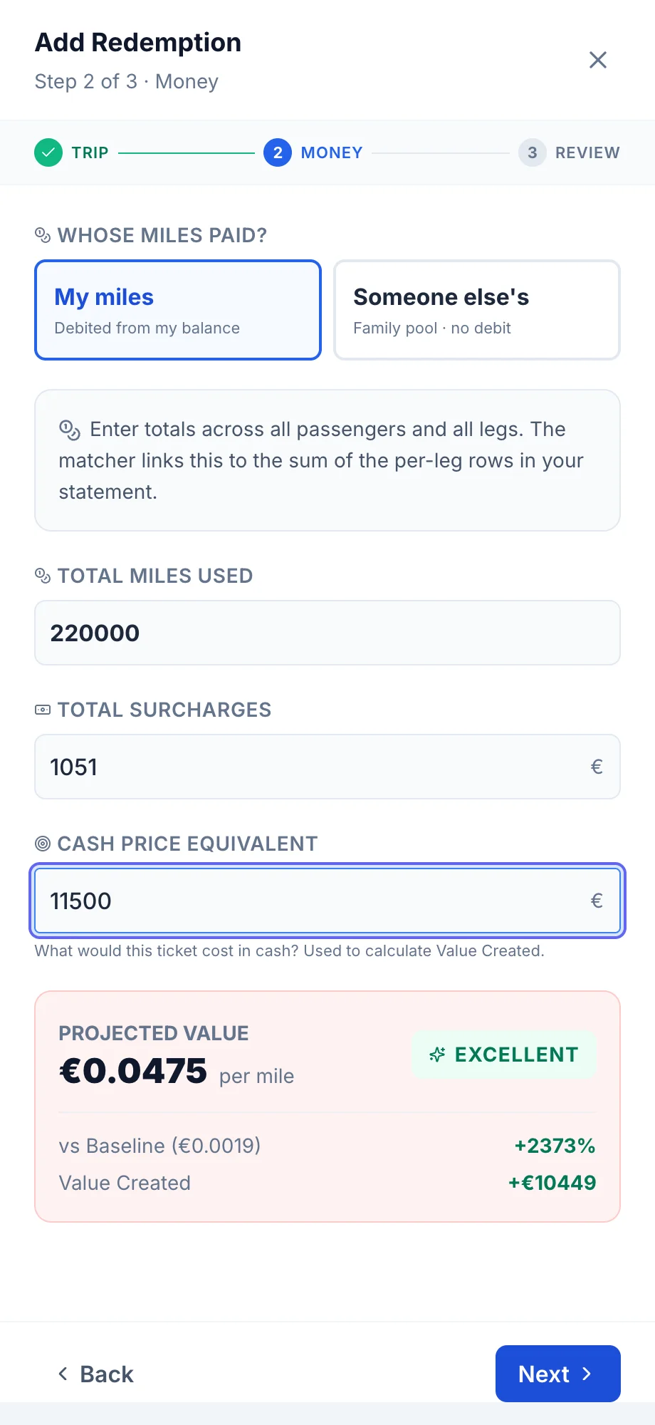 SkyStatus Add Redemption stap 2: 220.000 miles, EUR 1.051 surcharges, cash price EUR 11.500, Projected Value EUR 0,0475 per mile - EXCELLENT, +2373% vs baseline