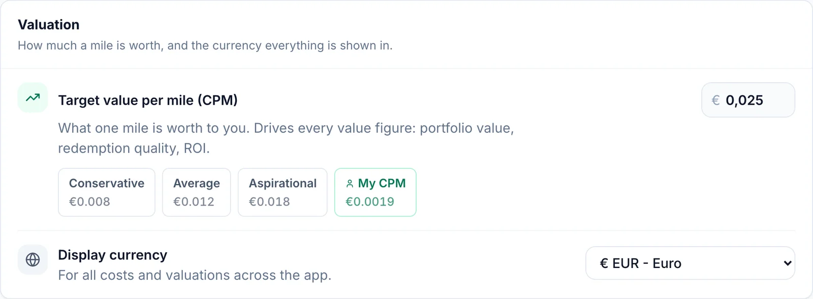 SkyStatus Target CPM instelling: Conservative EUR 0,008, Average EUR 0,012, Aspirational EUR 0,018, My CPM EUR 0,0019, gekozen Target CPM EUR 0,025