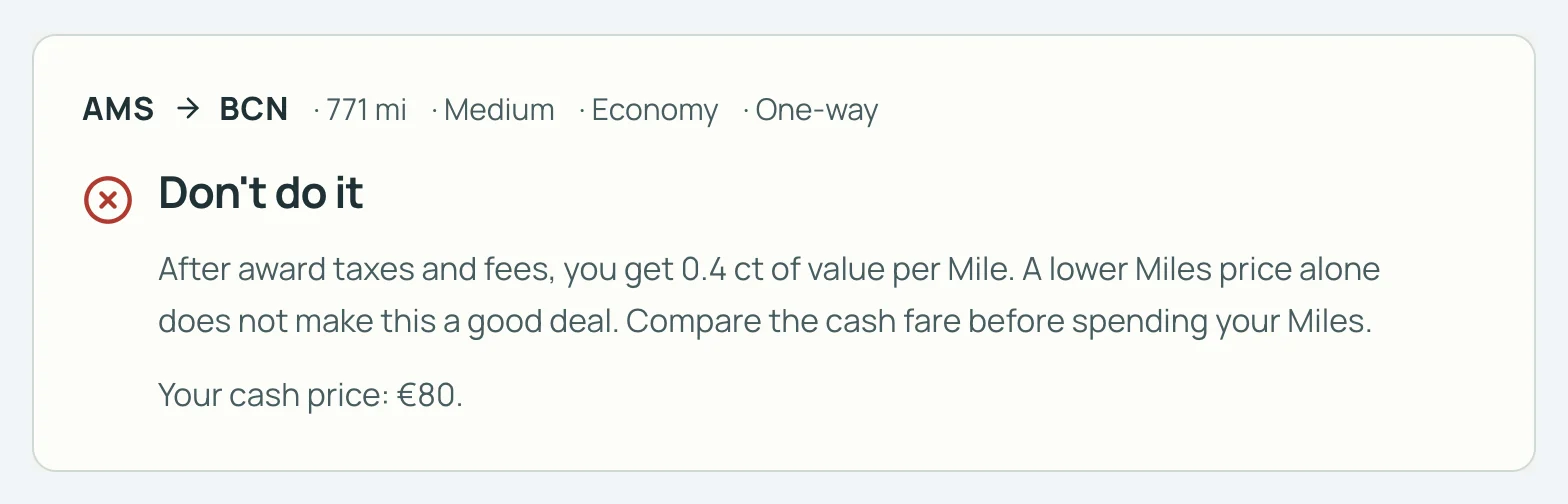 Dealcheck in de Miles Calculator van SkyStatus voor AMS naar BCN in Economy, enkele reis: Don't do it, met 0,4 cent waarde per mile.