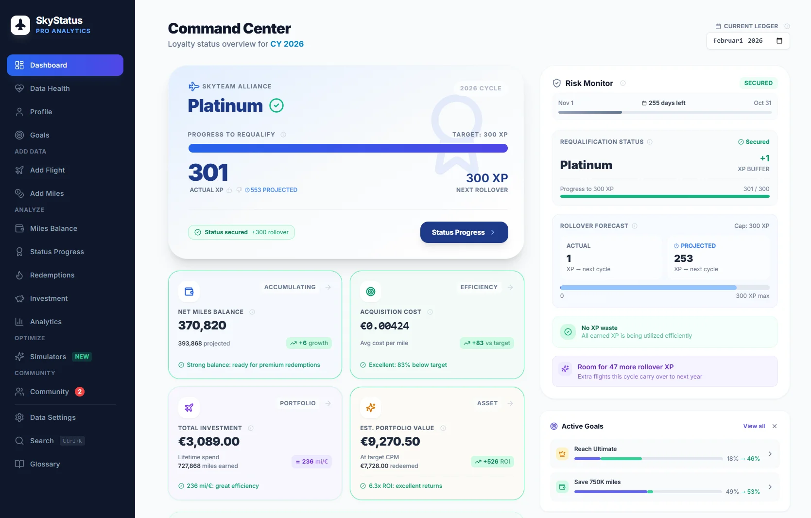 SkyStatus Dashboard Command Center avec statut Platinum, 370 820 Miles de solde, coûts d'acquisition, valeur du portefeuille et objectifs actifs