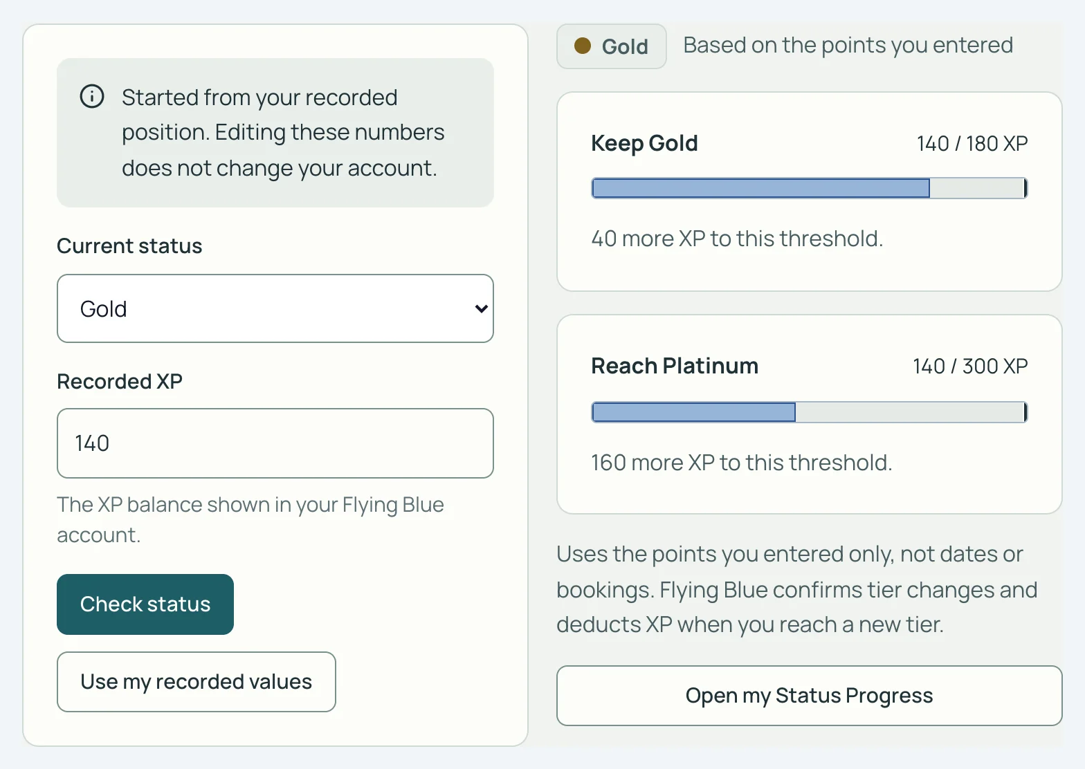 SkyStatus Status Checker, Gold with 140 recorded XP: Keep Gold needs 40 more XP, Reach Platinum 160 more XP to the threshold.