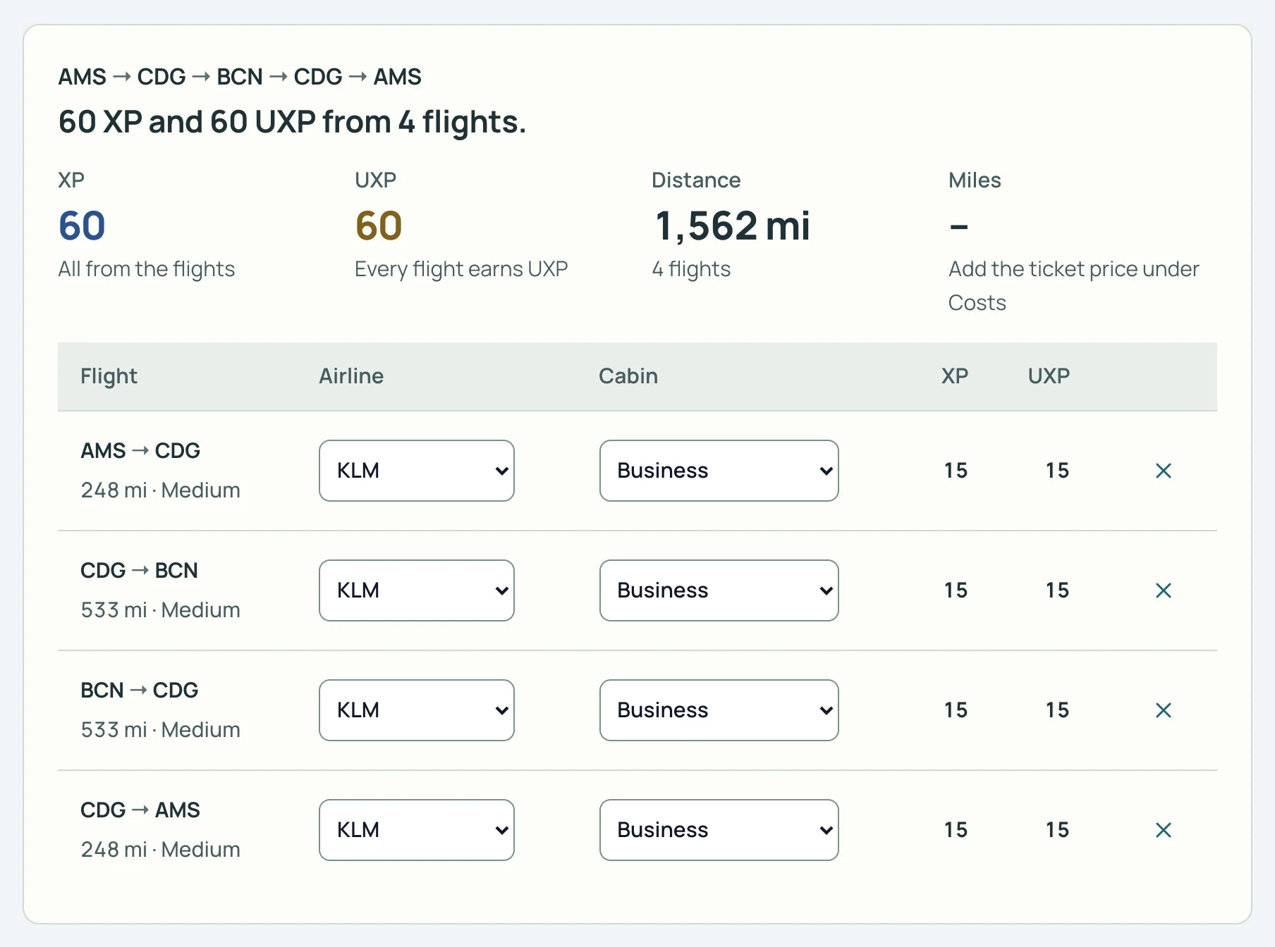 SkyStatus Plan a trip, AMS, CDG, BCN, CDG, AMS in Business: 60 XP and 60 UXP from 4 flights, each Medium band flight 15 XP and 15 UXP.