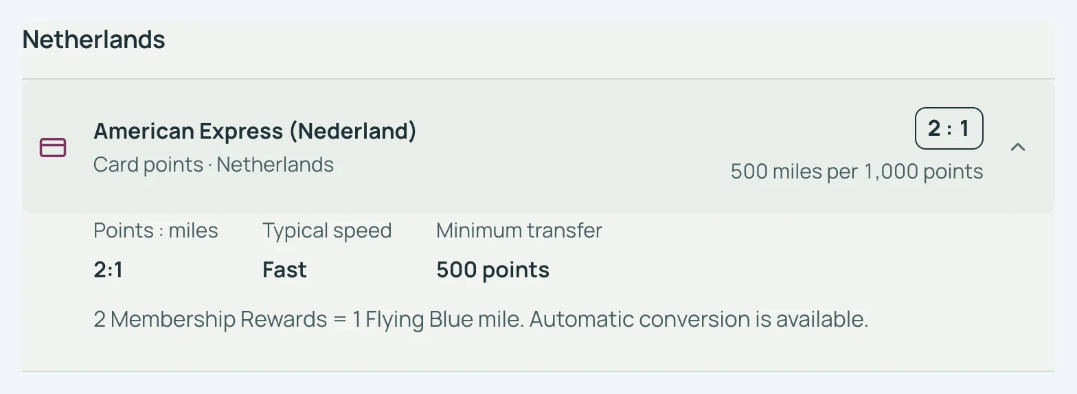 Transfer partners in SkyStatus, blok Netherlands: American Express (Nederland) tegen 2:1, 500 miles per 1.000 punten, minimaal 500 punten.