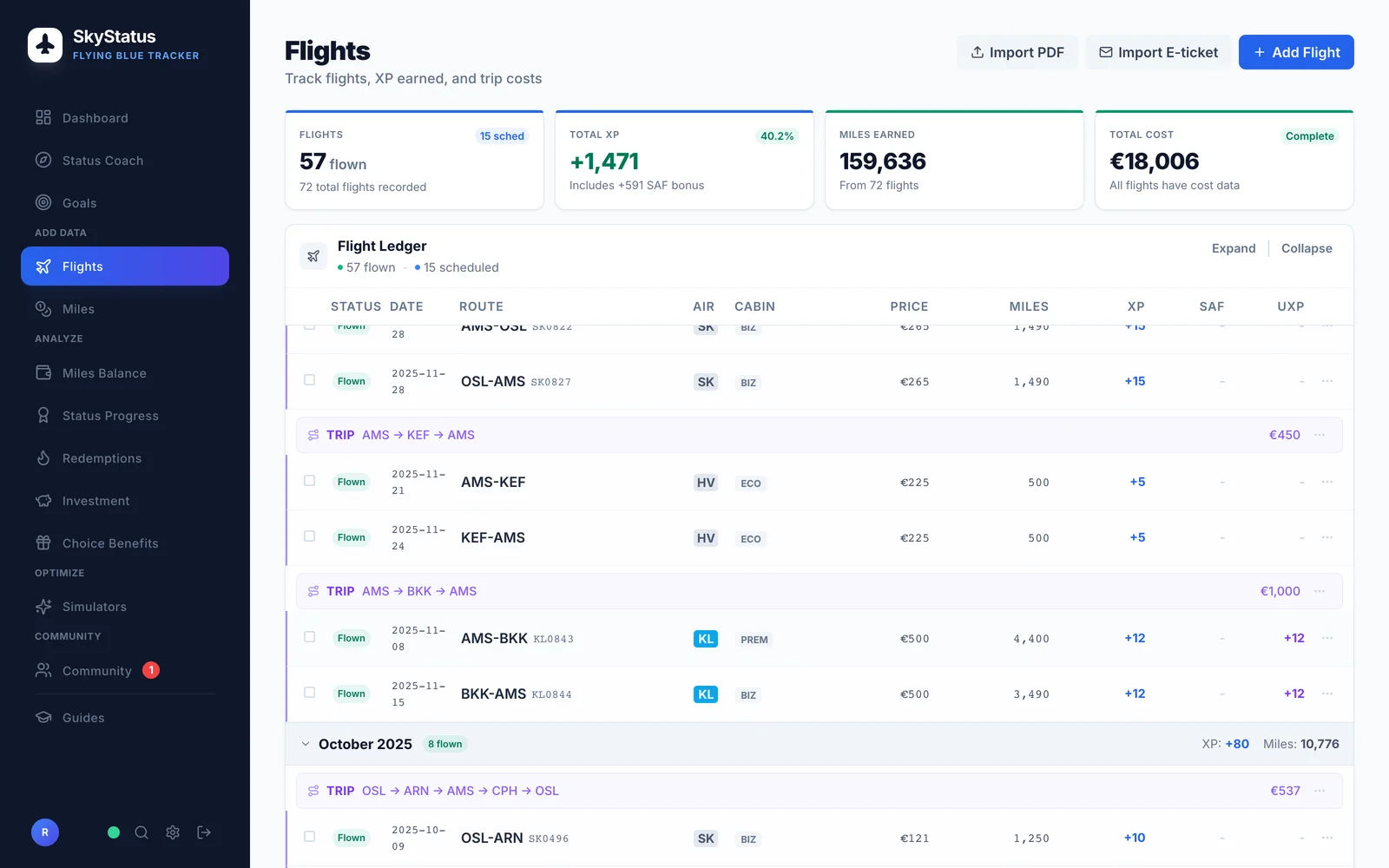 SkyStatus vluchtlijst met KLM, SAS Scandinavian en Transavia vluchten en XP- en UXP-kolommen: SAS Business OSL-AMS +15 XP, Transavia Economy AMS-KEF +5 XP, KLM Premium Economy AMS-BKK en Business BKK-AMS elk +12 XP en +12 UXP, plus het oktober 2025 maandtotaal van +80 XP