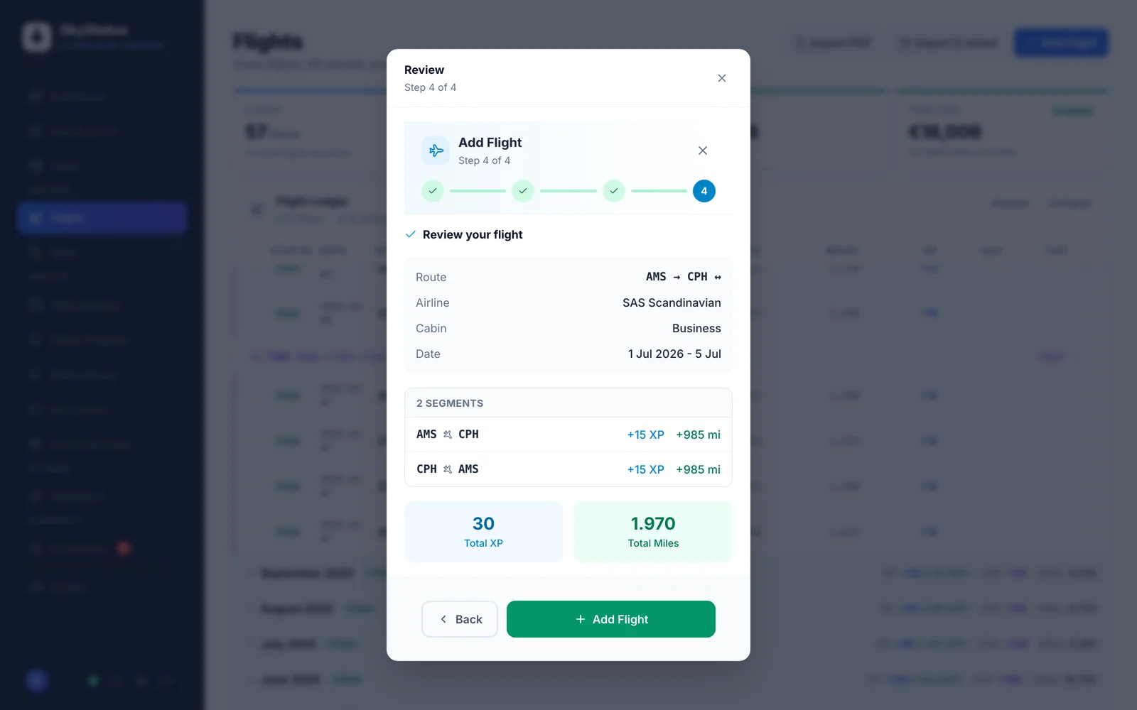 SkyStatus Add Flight wizard stap 4 review met een SAS Scandinavian Business Class retour Amsterdam naar Kopenhagen: 2 segmenten van elk +15 XP en +985 miles, totaal 30 XP en 1.970 miles