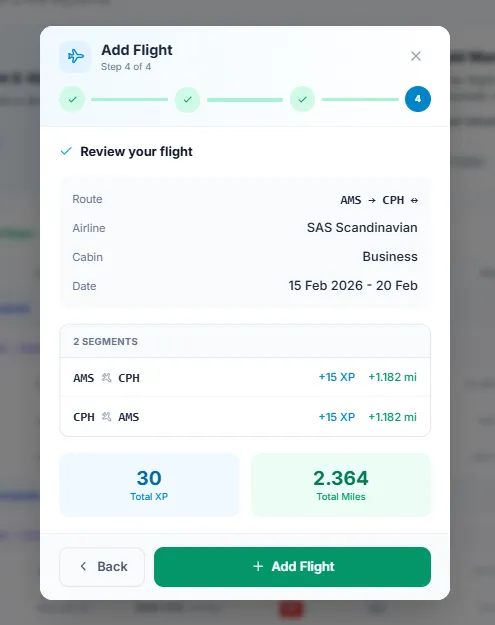 SkyStatus Vlucht Toevoegen wizard met een SAS Scandinavian Airlines Business Class retour Amsterdam naar Kopenhagen - 30 XP totaal en 2.364 miles verdiend over 2 segmenten