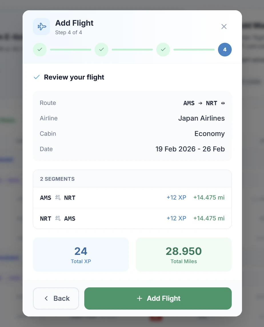 SkyStatus Add Flight wizard stap 4 review: Japan Airlines retourvlucht AMS-NRT (Tokio Narita), Economy, 19 februari tot 26 februari, 2 segmenten die elk +12 XP en +14.475 miles verdienen, totaal 24 XP en 28.950 miles