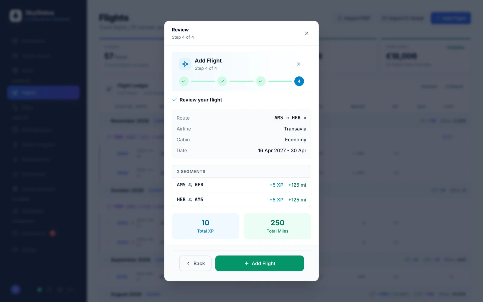SkyStatus Add Flight wizard stap 4 review: Transavia retourvlucht AMS-HER (Heraklion), Economy, 16 april tot 30 april 2027, 2 segmenten die elk +5 XP en +125 miles verdienen, totaal 10 XP en 250 miles