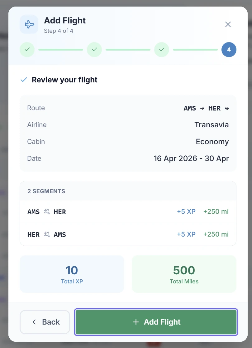 SkyStatus Add Flight wizard stap 4 review: Transavia retourvlucht AMS-HER (Heraklion), Economy, 16 april tot 30 april, 2 segmenten die elk +5 XP en +250 miles verdienen, totaal 10 XP en 500 miles