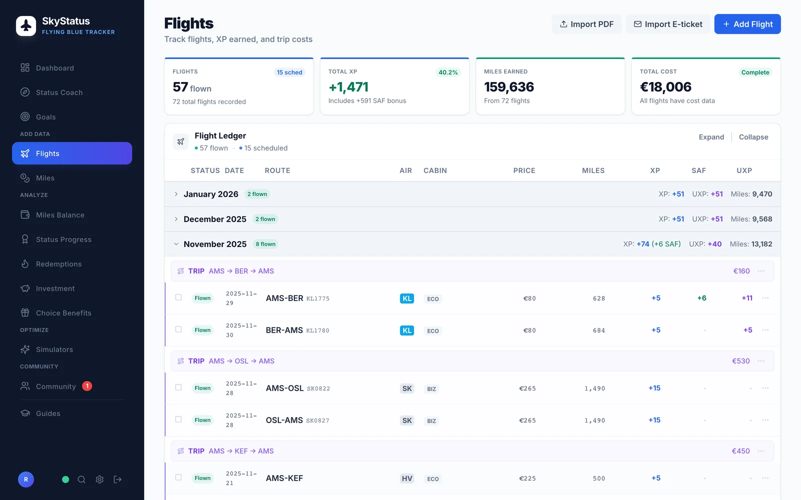 SkyStatus vluchtenlijst november 2025 met 8 gevlogen vluchten bij drie airlines: KLM Economy AMS-BER (+5 XP, +6 SAF, +11 UXP), SAS Business AMS-OSL en OSL-AMS (elk +15 XP, geen UXP), Transavia Economy AMS-KEF (+5 XP), maandtotaal +74 XP, +40 UXP en 13.182 miles
