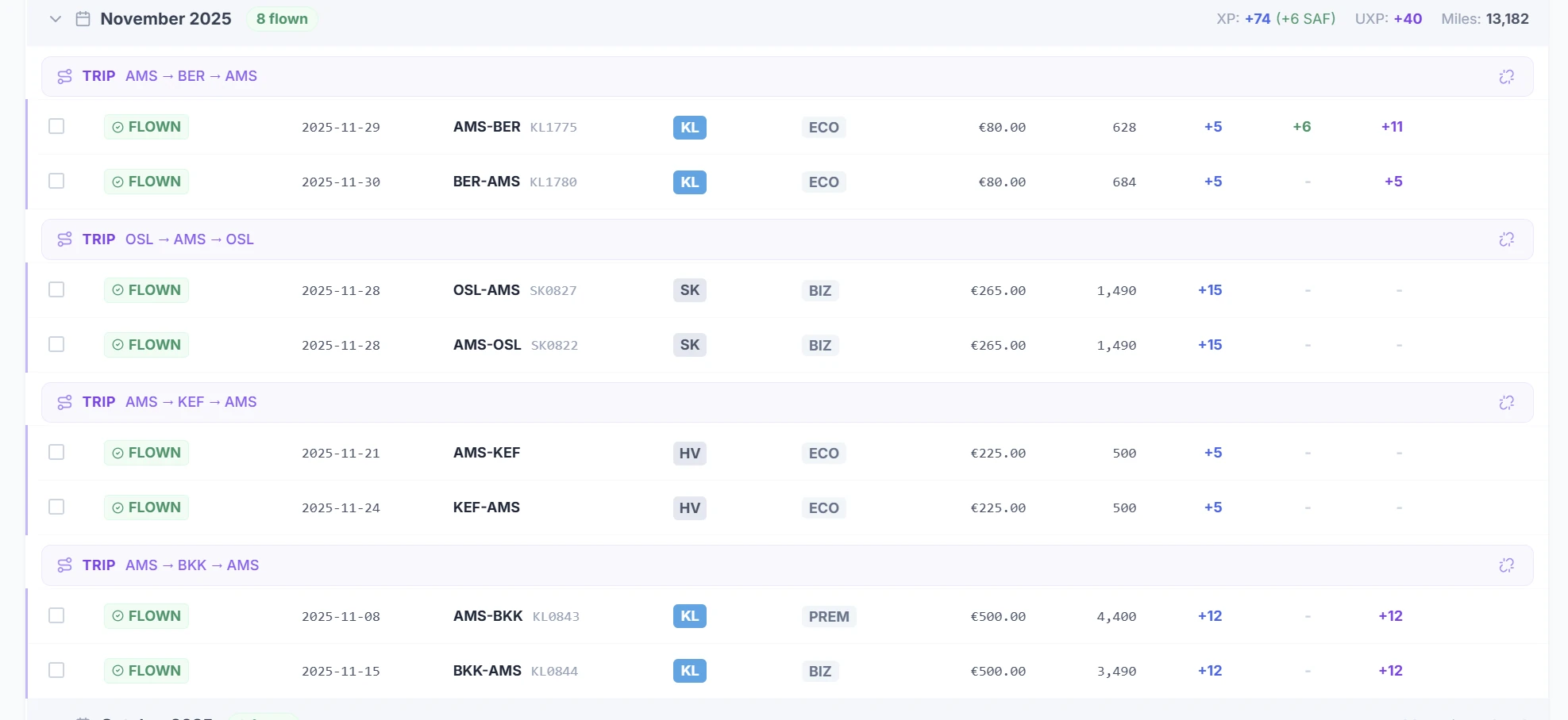SkyStatus vluchtenlijst november 2025 met 8 gevlogen vluchten bij drie airlines: KLM Economy AMS-BER (+5 XP, +6 miles, +11 UXP), SAS Business OSL-AMS retour (+15 XP elk, geen UXP), Transavia Economy AMS-KEF retour (+5 XP elk), KLM Premium/Business AMS-BKK retour (+12 XP, +12 UXP), maandtotaal +74 XP, +40 UXP, 13.182 miles