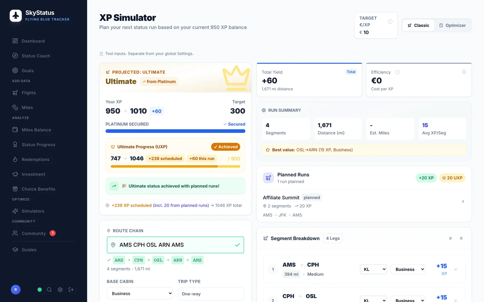 SkyStatus XP Simulator met de Scandinavische routeketen AMS CPH OSL ARN AMS in Business: Total Yield +60 XP over 1.671 mijl, Run Summary met 4 segmenten en gemiddeld 15 XP per segment, beste waarde OSL-ARN, en een XP-stand die van 950 naar 1010 stijgt