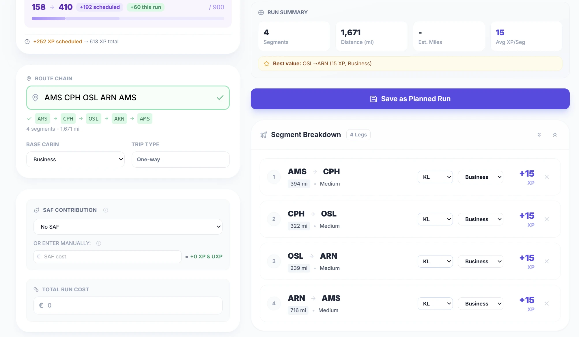 SkyStatus XP Run planner met een Scandinavische route AMS-CPH-OSL-ARN-AMS, 4 Business segmenten via KLM, elk +15 XP, totaal 1.671 km afstand, 15 geschatte miles, Run Summary en Segment Breakdown met routes Amsterdam-Kopenhagen, Kopenhagen-Oslo, Oslo-Stockholm Arlanda en terug naar Amsterdam