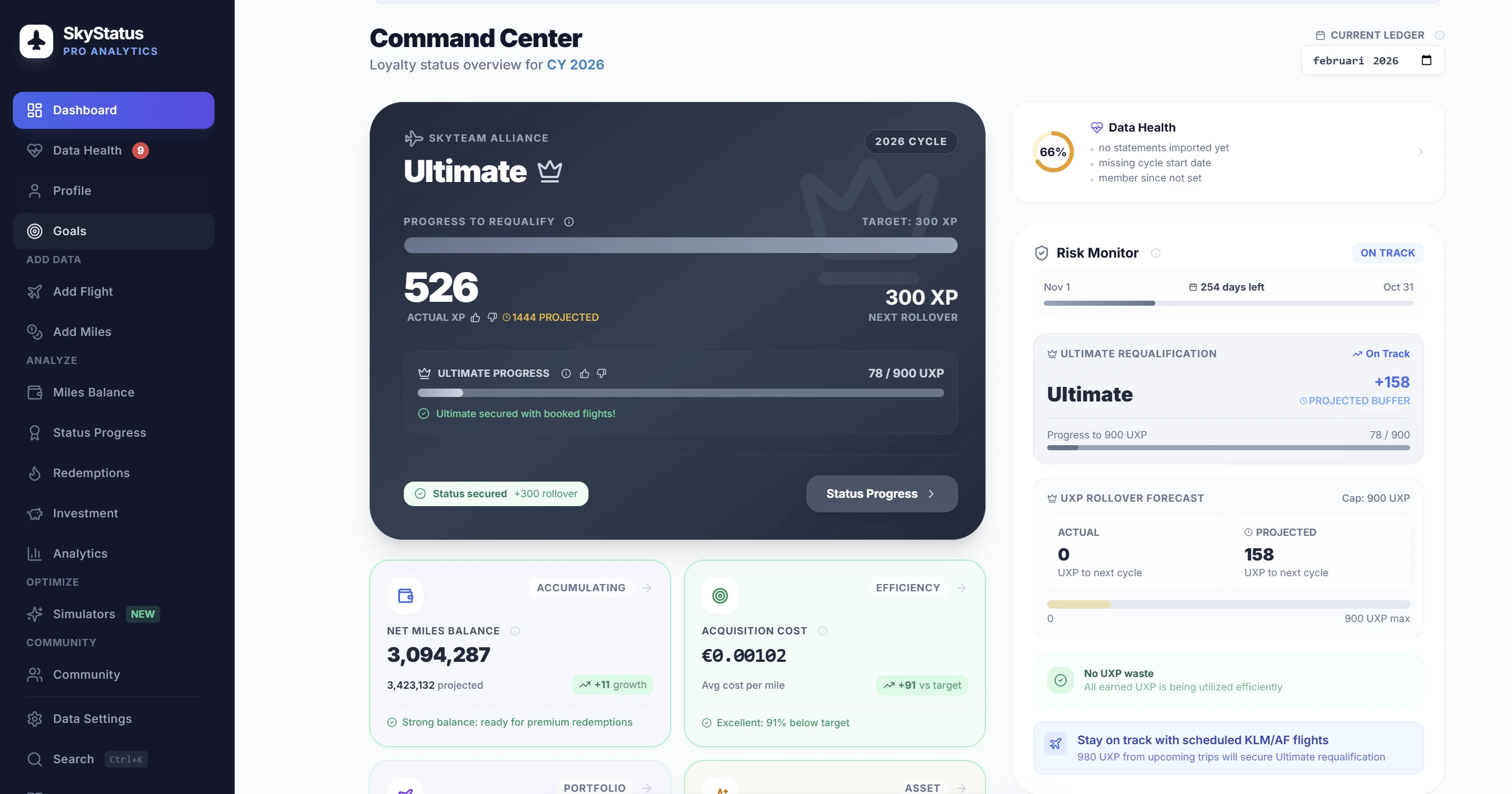 SkyStatus Command Center dashboard: Ultimate status, 526 XP, 3.094.287 miles, portfolio-waarde en Risk Monitor allemaal in een overzicht