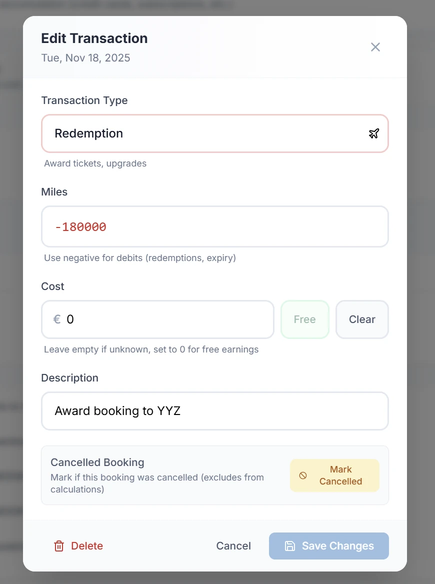 SkyStatus Edit Transaction scherm: Redemption type, -180.000 miles, Award booking to YYZ, met optie om geannuleerde boekingen te markeren