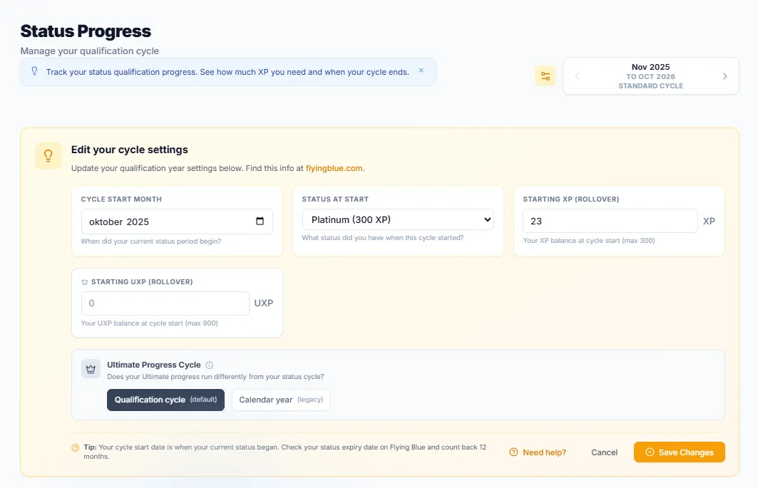 SkyStatus kwalificatiecyclus-instellingen met velden voor Cyclus Startmaand, Status bij Start, Start XP Rollover, Start UXP Rollover, en Ultimate Progress Cyclus-schakelaar