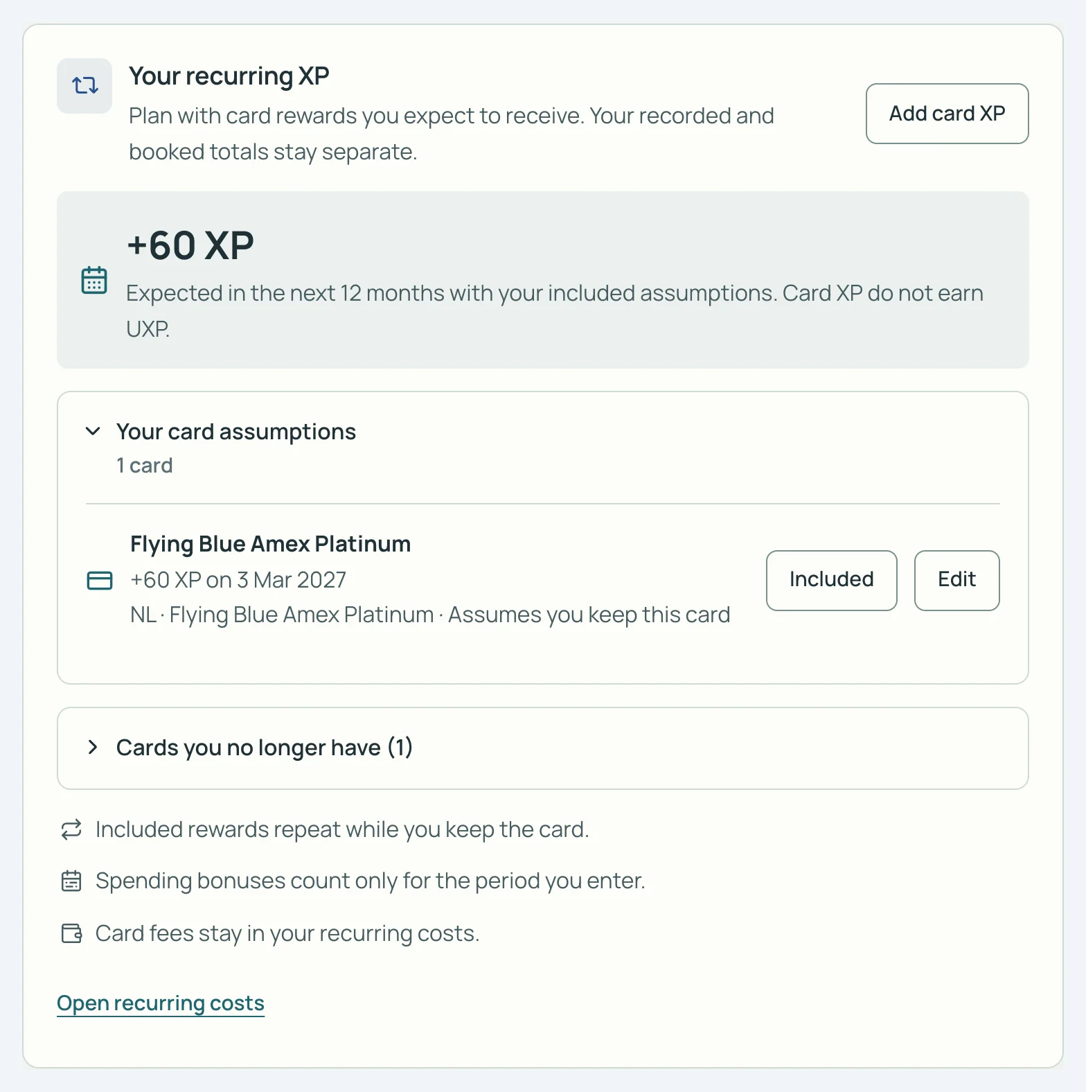 SkyStatus Status Coach-kaart Your recurring XP: +60 XP verwacht in de komende 12 maanden van de Flying Blue Amex Platinum, zonder UXP.