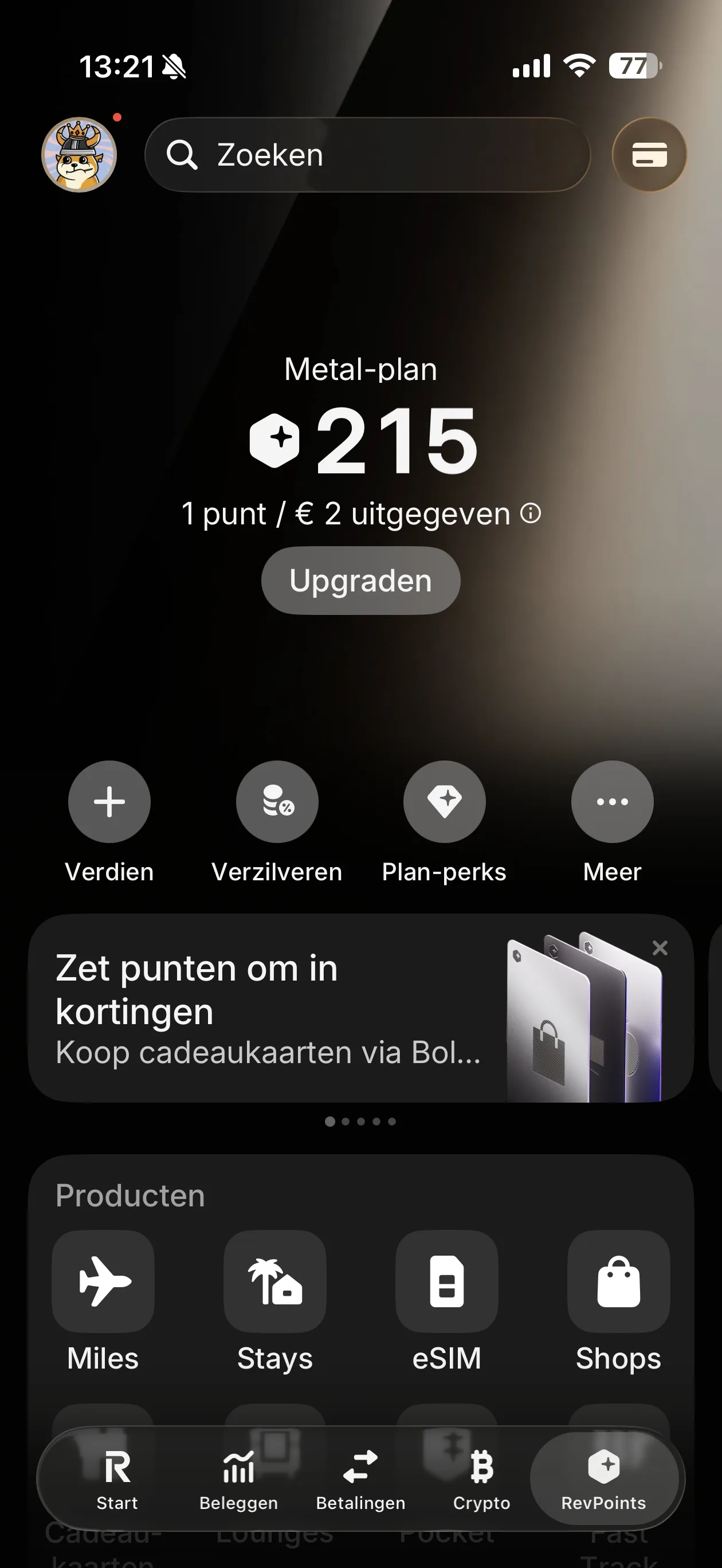 Revolut app showing 215 RevPoints balance on Metal plan with earning, redeeming, and plan perks options