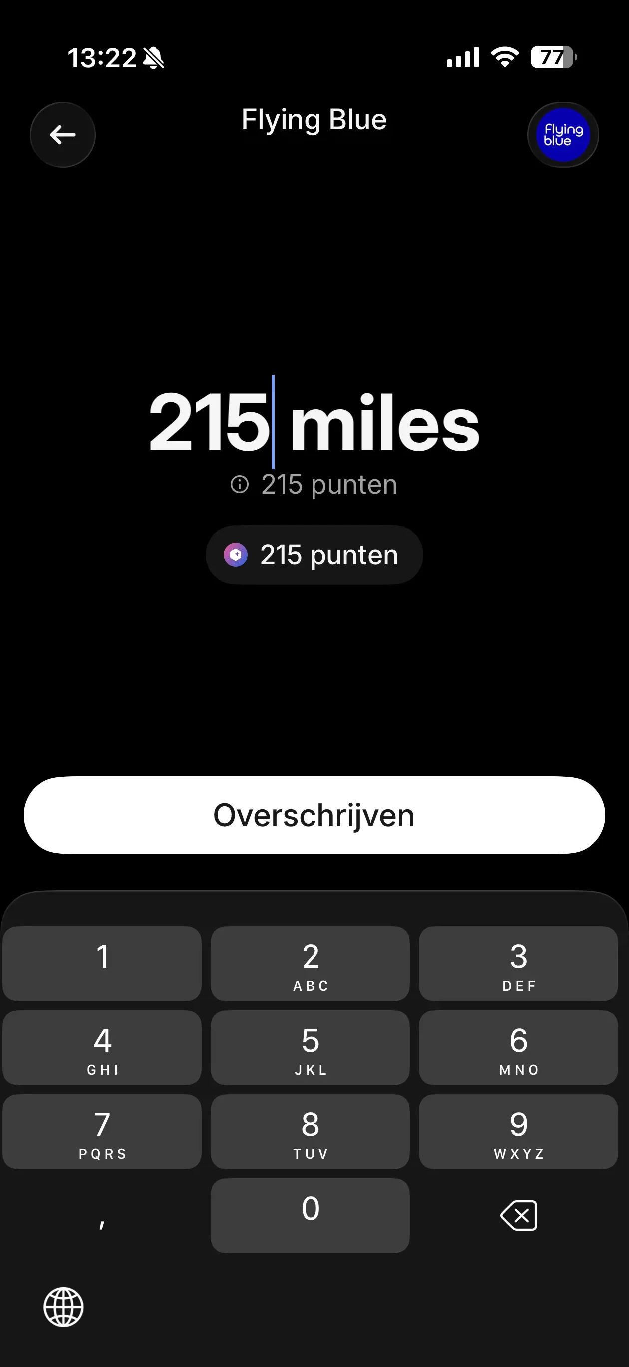 Revolut app Flying Blue transfer screen showing 215 RevPoints converting to 215 Flying Blue miles at 1:1 ratio
