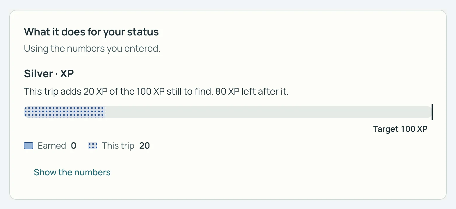 Plan a trip in SkyStatus, What it does for your status: deze reis voegt 20 XP toe richting Silver, daarna is nog 80 XP nodig.