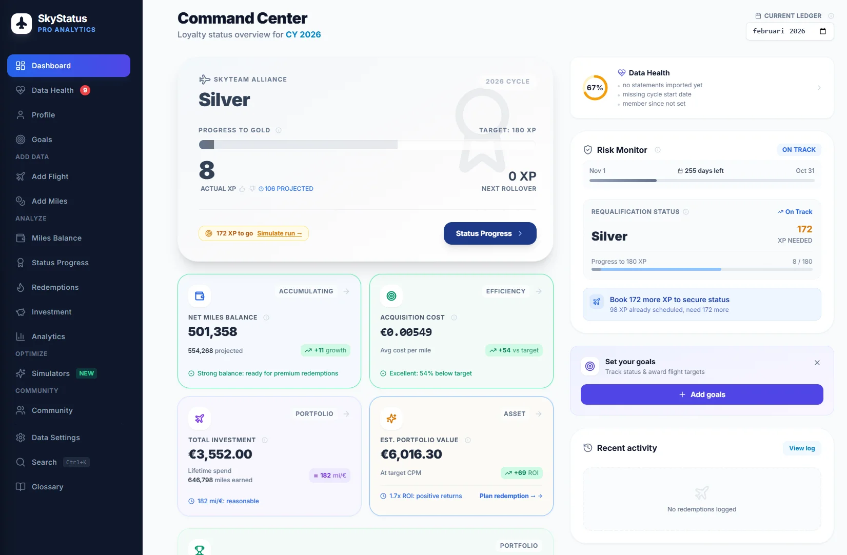 SkyStatus Command Center with Silver status: 8 XP current, progress toward Gold, 501,358 miles balance and cost per mile of 0.00549 euros