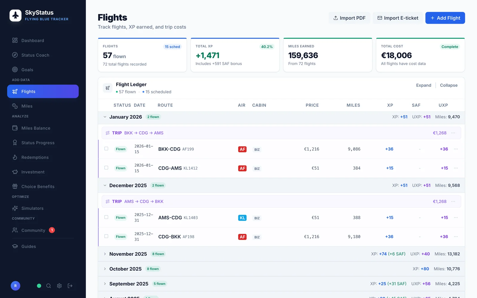 SkyStatus Flugliste mit XP pro Monat: Januar 2026 mit BKK-CDG Business +36 XP und CDG-AMS +15 XP, Dezember 2025 mit AMS-CDG +15 XP und CDG-BKK +36 XP, darunter Monatssummen wie November +74 XP