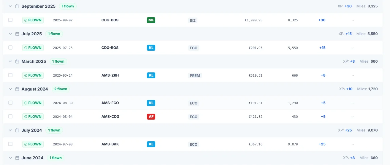 SkyStatus flight list with XP per month: CDG-BOS Business +30 XP, AMS-BKK Economy +25 XP, short flights AMS-FCO and AMS-CDG each +5 XP