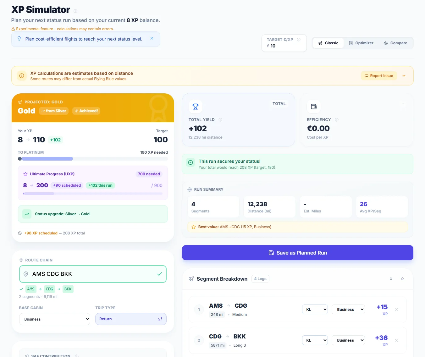 SkyStatus XP Simulator: planned mileage run AMS-CDG-BKK in Business Class, +102 XP, projection toward Gold status with 110 XP total