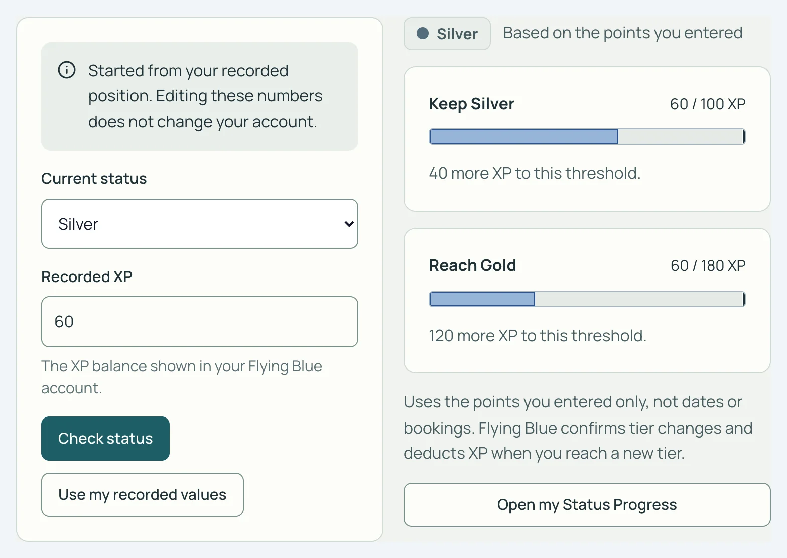 Status Checker in SkyStatus met Current status Silver en Recorded XP 60: Keep Silver nog 40 XP, Reach Gold nog 120 XP.