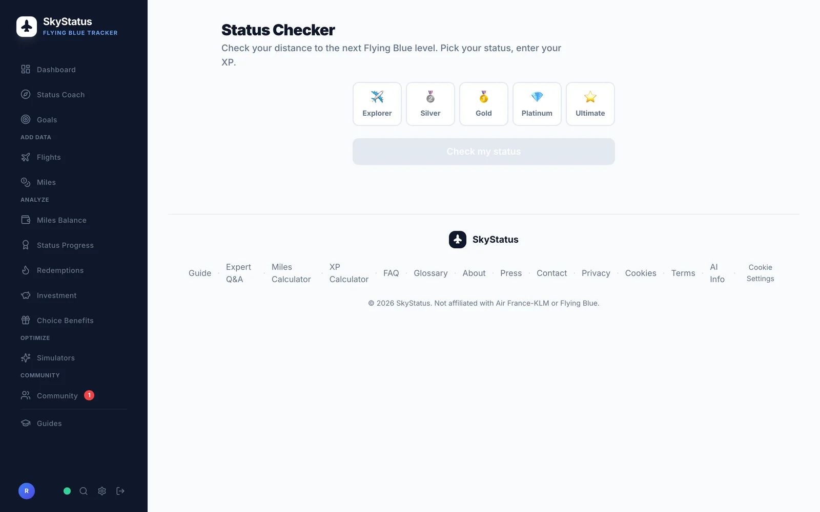 Outil Status Checker de SkyStatus : choisissez votre niveau Flying Blue actuel d’Explorer à Ultimate, saisissez vos XP et vérifiez votre distance jusqu’au niveau suivant