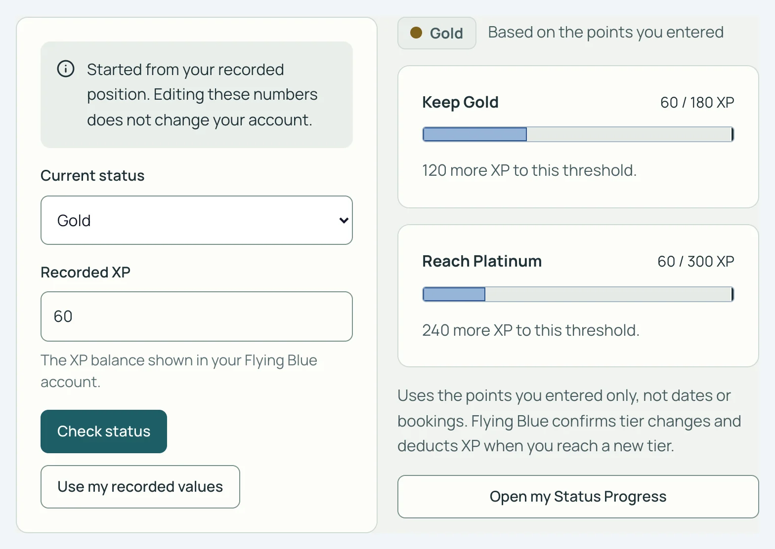 Status Checker de SkyStatus, Gold avec 60 XP enregistrés : Keep Gold, encore 120 XP. Reach Platinum, encore 240 XP