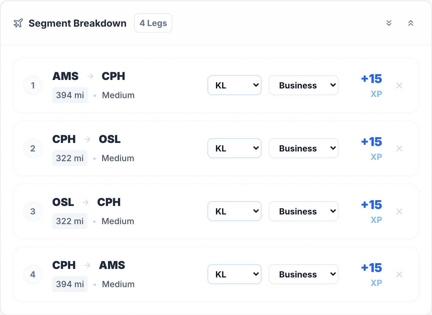 SkyStatus XP Simulator Segment Breakdown: 4 Legs AMS-CPH-OSL-CPH-AMS, jeweils +15 XP, KL Business Class